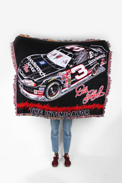 Vintage Nascar Dale Earnhardt The Intimidator woven blanket/ decorative tapestry with fringe edges good condition - some bobbling and pulls   Size in Label: Width: 41 inches Length: 51 inches