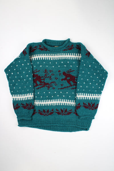 Vintage dark turquoise knit jumper with  ski motif. Made by the brand Rey Wear, made in Ecuador from 100% wool.   good condition  Size in Label:   No Size - Mens XL