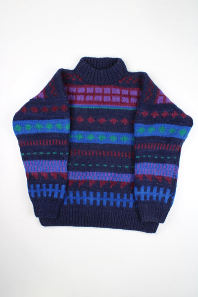 Vintage 90's purple and blue knit jumper with geometric design. Made by the brand Back Country in Ecuador from 100% wool.  good condition - mark on the arm (see photos)   Size in Label:  N/A- measures like an L