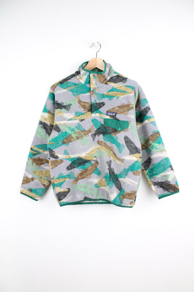 Patagonia Synchilla SnapT Fleece in a grey, green and brown colourway, trout fish design printed all over, quarter button up, chest pocket and has the logo embroidered on the front.