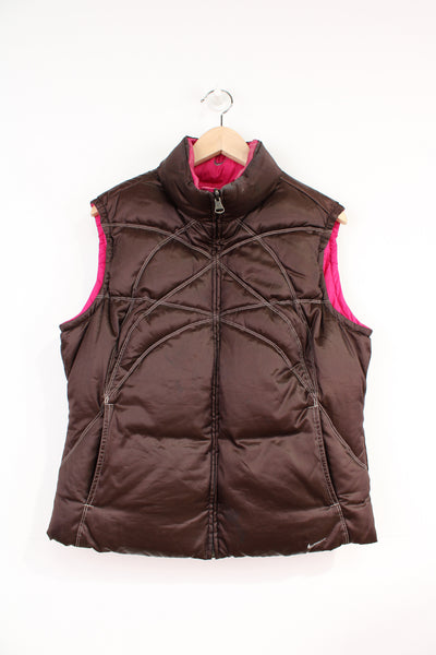 00's Nike pink and brown reversible puffer gilet with embroidered logo on the chest 