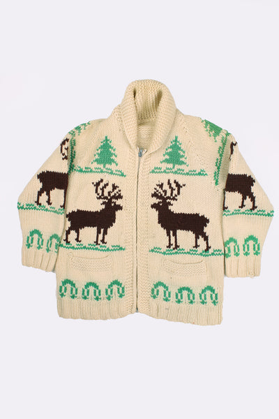 Vintage Cowichan cream knitted cardigan with Mary Maxim style Moose motif on the front and back