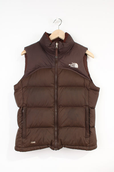 Vintage The North Face 700 brown zip through, puffer gilet with embroidered logo on the front and back