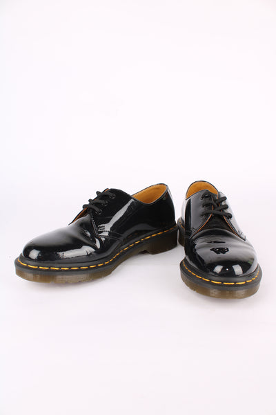 Dr Martens 1461 black patent lace up shoes,  features signature yellow welt 