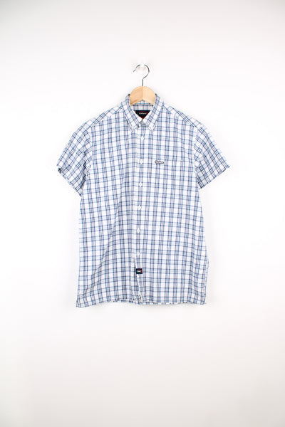 00's Kickers blue and white check/ plaid pattern short sleeve shirt.  good condition Size in Label: Mens XL - Measures more like a Mens S 