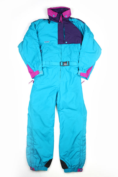 Turquoise blue Columbia outdoor/ ski suit, with padding, elasticated waistband and belt  good condition - some small marks on the legs (see photos)  Size in Label:  Womens M