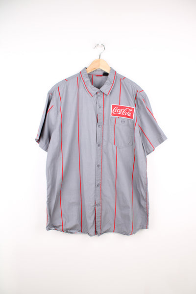 90's Coke baseball style short sleeve shirt. Grey and black pinstripe shirt with embroidered Coke  good condition - small marks throughout (see photos) Size in Label:  Mens XL - Measures more like a L