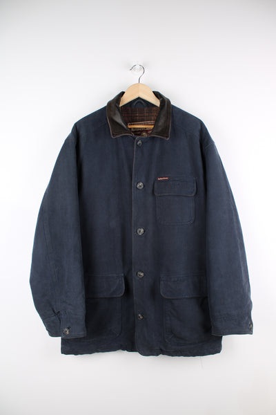 Vintage Marlboro Classics blue cord button up chore style jacket with blanket lining, embroidered patch logo on the chest and brown leather collar.   good condition  Size in Label:  L