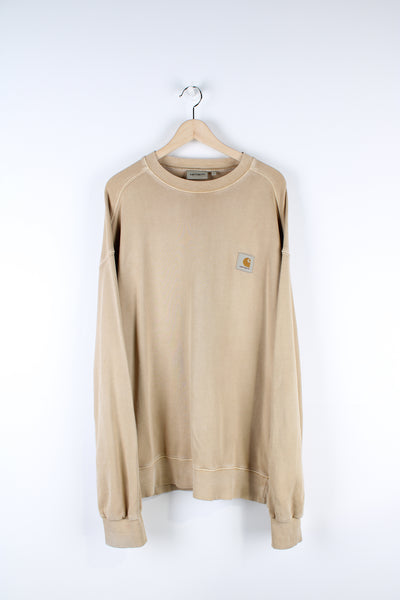 Carhartt tan crewneck sweatshirt with embroidered logo on the chest 