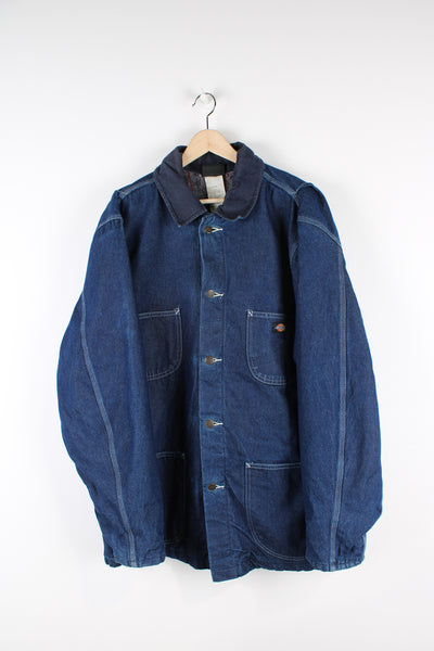 Blue denim Dickies blanket lined chore jacket with corduroy collar and multiple pockets 