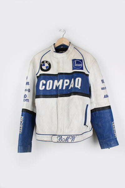 Vintage 90's BMW Compaq leather racer jacket with sponsor logos detail on the front and back.  good condition - white parts of the leather are significantly discolored and the blue parts on the arms have some scuffs (see photos)  Size in Label: Mens S 