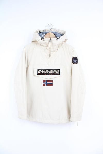Napapijri cream, fleece lined pullover jacket with embroidered badges on the front 