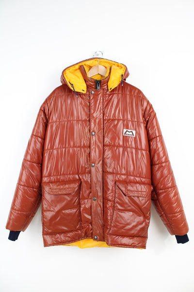 Vintage 1980's Made in England brown Mountain Equipment Fitzroy puffer jacket with embroidered spell-out logo on front 