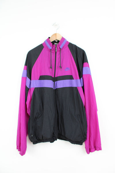 Vintage 90's purple and black zip through, shell jacket with embroidered logo on the chest 