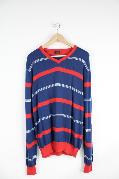Vintage Kappa jumper. 1980's/90's blue and red striped knit jumper with v neck and embroidered logo on the chest