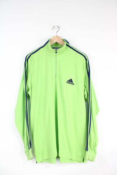 90's neon green Adidas 1/4 zip cotton sweatshirt with embroidered logo on the front