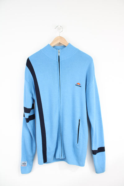 Vintage Ellesse blue and black knitted zip through jumper with embroidered logo on chest