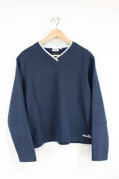 Ellesse blue v-neck sweatshirt, with embroidered logo on the chest