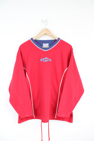 00's red Reebok cotton v neck sweatshirt with embroidered logo on the chest and drawstring waist