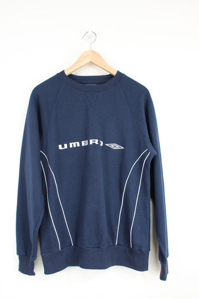 Vintage 00's Umbro navy blue crewneck sweatshirt with embroidered spell-out logo across the chest