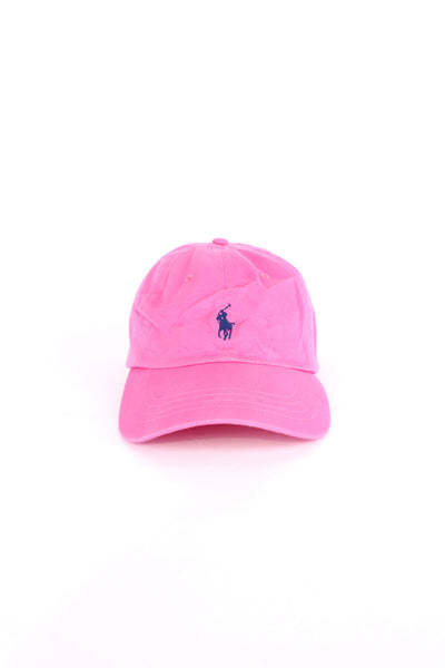 Ralph Lauren pink baseball cap features navy blue embroidered logo on the front and back 