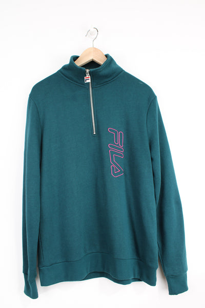 Vintage forest green Fila high neck 1/4 zip sweatshirt, with embroidered spell-out motif on the front