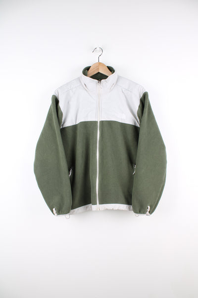 The North Face Fleece in a green and grey colourway, zip up, side pockets and had the logo embroidered on the front and back.