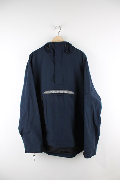 Vintage Kickers Pullover Jacket in blue, half zip, multiple pockets, hooded and has spell-out logo across the front. 