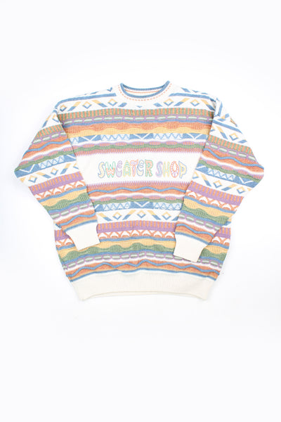 Vintage The Sweater Shop cream patterned knitted jumper, features embroidered spell-out logo across the chest