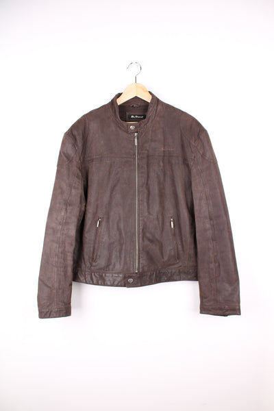 Ben Sherman brown leather zip through motorcycle style jacket, features zip up pockets and embroidered logo on the chest