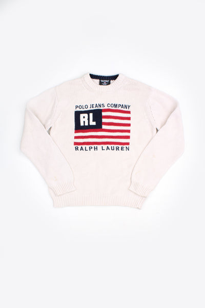 Ralph Lauren cream cotton knit crewneck jumper with USA flag motif on the front 
