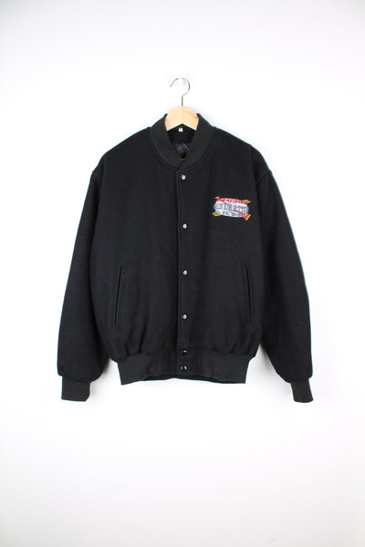 Vintage 1990's Jim Davidson's Generation Game merchandise black button up wool bomber jacket, features embroidered badge on the chest 