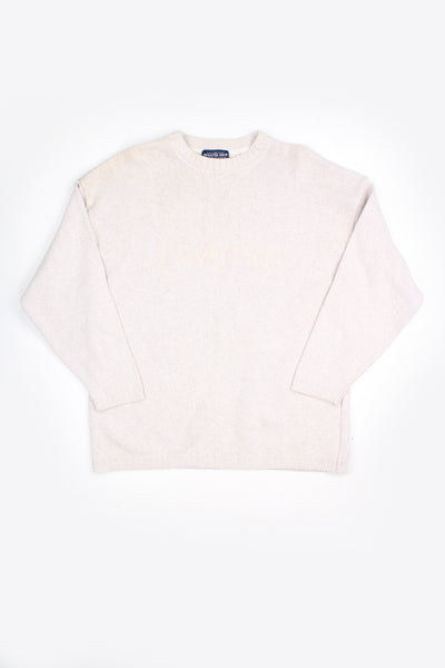 Vintage The Sweater Shop cream/biscuit coloured knitted jumper, features embroidered spell-out logo across the chest 