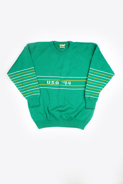 Vintage 1994 Kear Wear, green, yellow and white knitted jumper, with 'USA 94' spell-out motif on the front