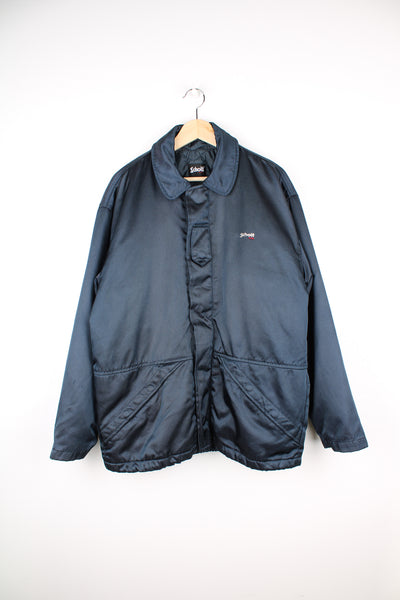 Vintage navy blue Schott zip through security jacket. features removable quilted liner, drawstring waist and pockets