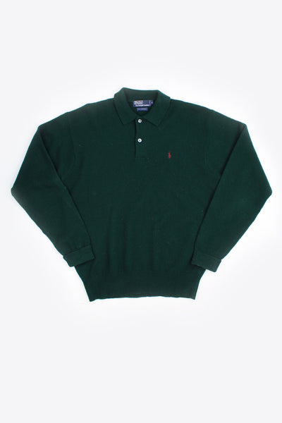Vintage Ralph Lauren 100% lambswool, collared knit jumper in green, features  signature logo embroidered on the chest