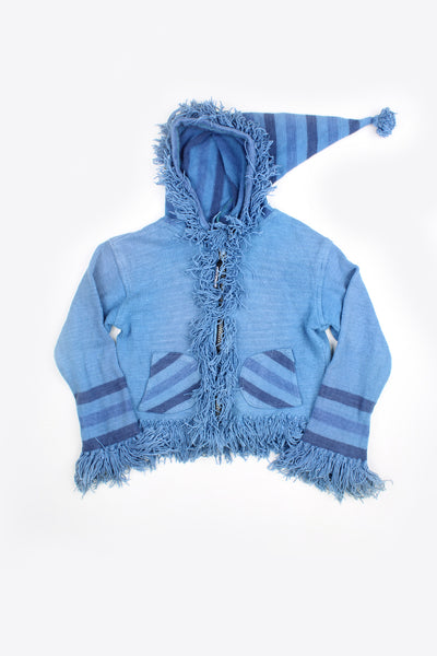 Y2K style blue hippie zip through knitted cardigan by Namaste, features pointed hood, pockets and fringe cuffs and hem 