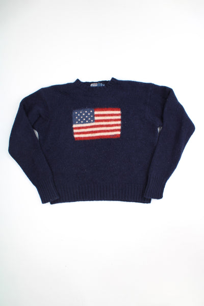 Ralph Lauren navy blue 100% lambs wool crewneck jumper with flag motif on the front 