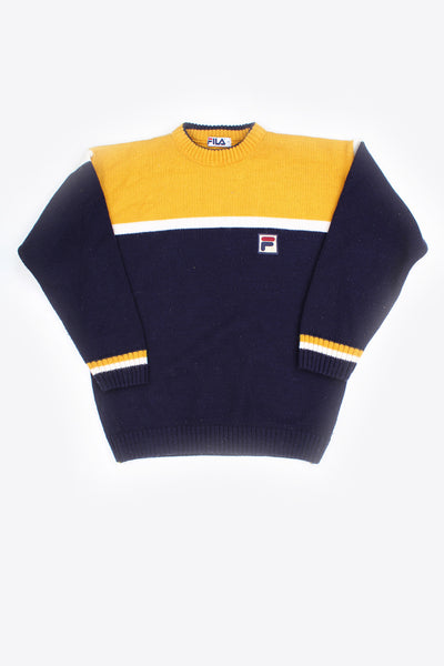 Vintage navy blue and yellow Fila knit jumper with high neck and embroidered logo on the chest 