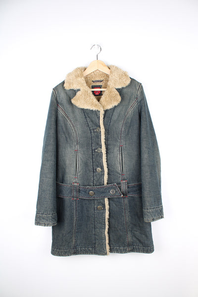 00's Miss Sixty 3/4 length washed out denim coat, features faux fur trim, chunky belt and side slit pockets