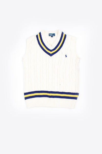 Ralph Lauren cable knit cream v neck vest with signature logo on the chest