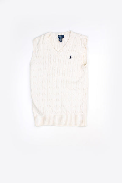 Ralph Lauren cable knit cream v neck vest with signature logo on the chest 