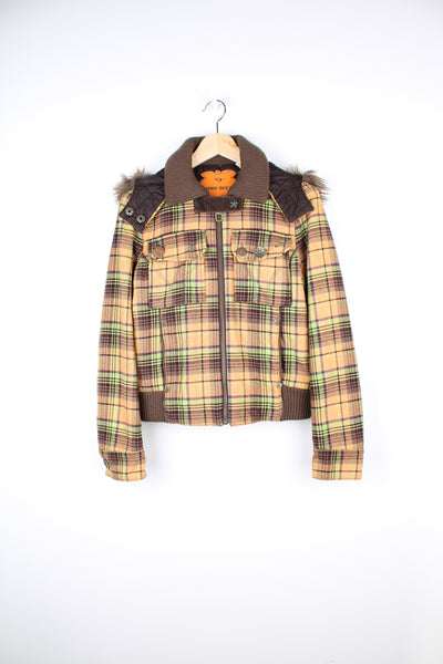 00's Miss Sixty green, orange and brown tartan zip through bomber jacket, features detachable hood with faux fur trim and fun embellishments on the pockets