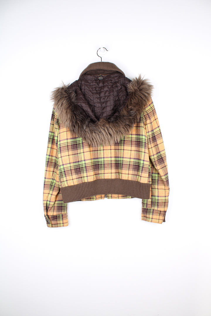 00's Miss Sixty green, orange and brown tartan zip through bomber jacket, features detachable hood with faux fur trim and fun embellishments on the pockets