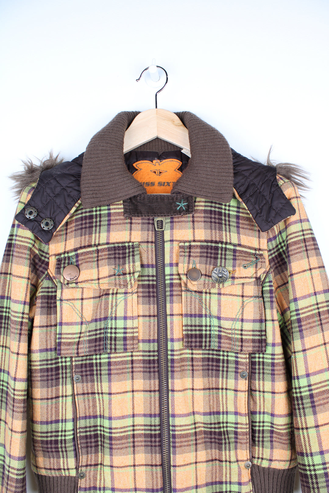 00's Miss Sixty green, orange and brown tartan zip through bomber jacket, features detachable hood with faux fur trim and fun embellishments on the pockets