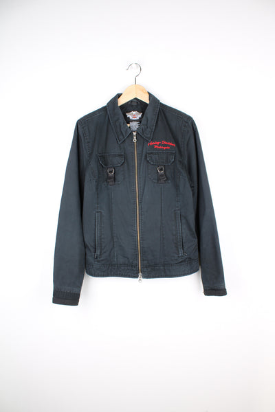 Harley Davidson all black cotton jacket with embroidered spell-out logo on the chest and embroidered, bedazzled motif on the back