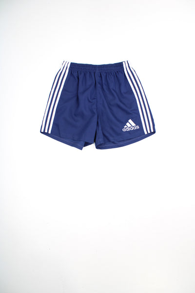 Blue Adidas sports shorts with embroidered logo and white three stripe detail down the leg. Features an elasticated waistband. good condition Size in Label: Mens 30" (S)