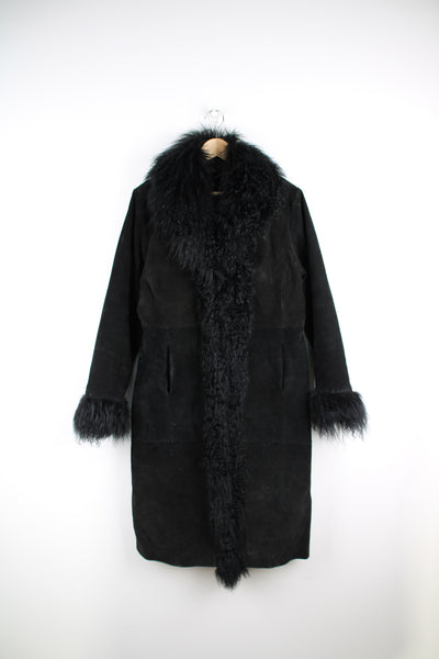 Y2K New Look black suede afghan coat with Mongolian fur trim. Closes with hook and eye fastenings