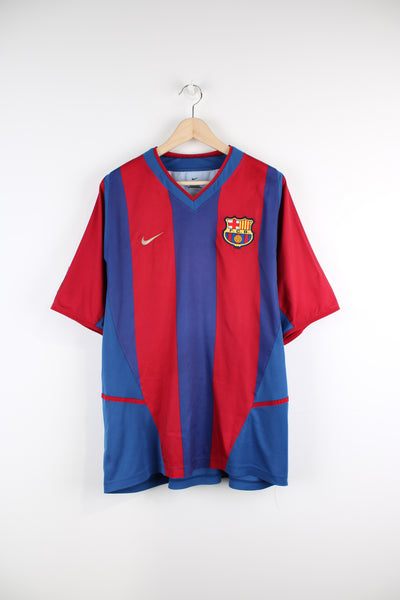 Vintage Barcelona 2002/03, Nike home football kit in the red and blue team colourway, v neck, has embroidered logos on the front. 