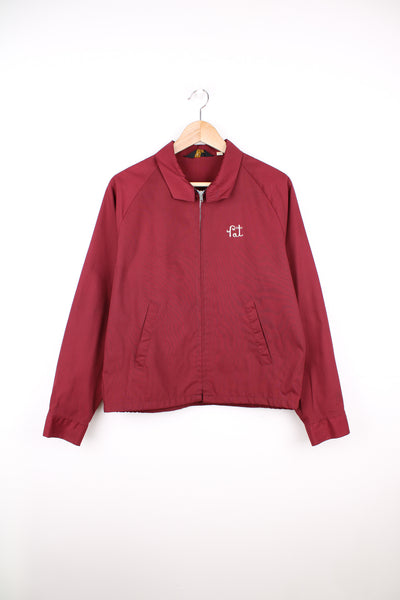 Vintage Sir Jac 1970's-80's maroon red zip through cotton Harrington jacket, features chain stitched motif on the back 'Pamona Valley United Autos' 